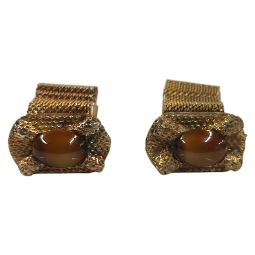 Vintage Cats Eye Chainmail Cufflinks Rectangle Bronze Tone Men Brown MCM Jewelry